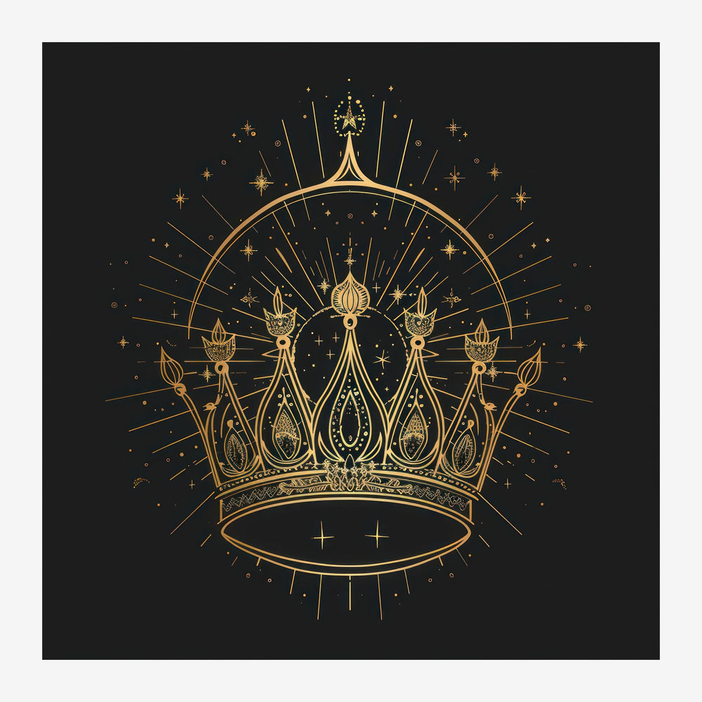 Couronne royale finement ornementée en or avec halo rayonnant et étoiles, sur fond noir.