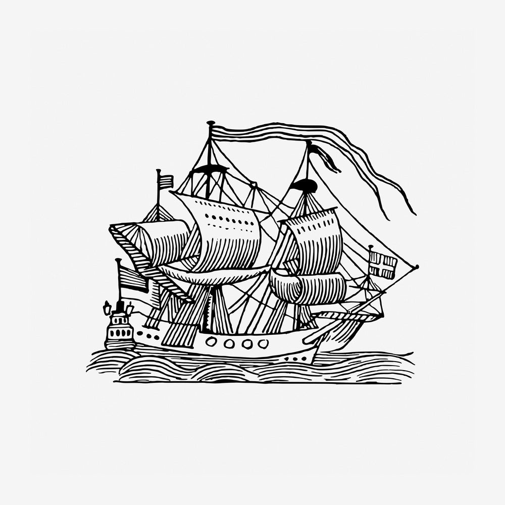 Gravure d'un voilier historique aux voiles gonflées et aux mâts décorés, naviguant sur des vagues stylisées, en noir et.