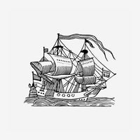 Gravure d'un voilier historique aux voiles gonflées et aux mâts décorés, naviguant sur des vagues stylisées, en noir et.