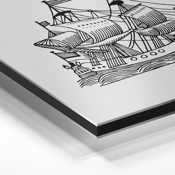 Voilier historique en noir et blanc, line art — Aluminium Dibond