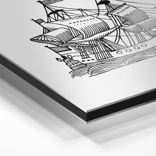 Voilier historique en noir et blanc, line art — Aluminium Dibond relief 3D