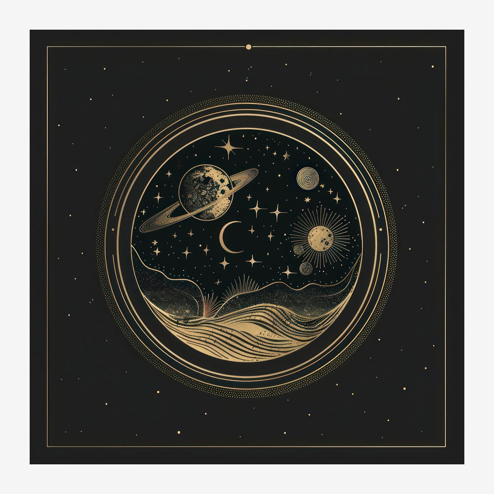 Illustration circulaire encadrant un univers avec une planète aux anneaux, une lune, un soleil et des étoiles tracés en.