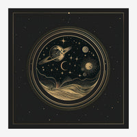 Illustration circulaire encadrant un univers avec une planète aux anneaux, une lune, un soleil et des étoiles tracés en.