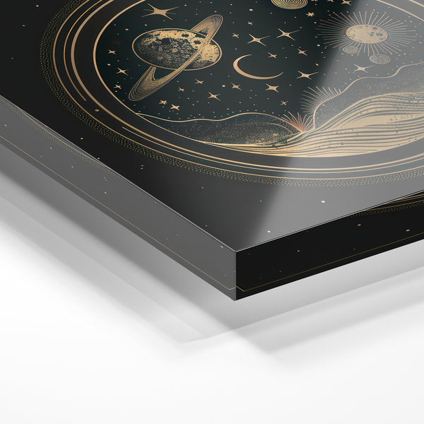 Univers en cercle, design astrologique doré et noir — Verre acrylique