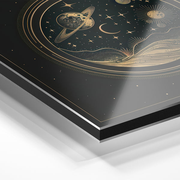 Univers en cercle, design astrologique doré et noir — Aluminium Dibond relief 3D