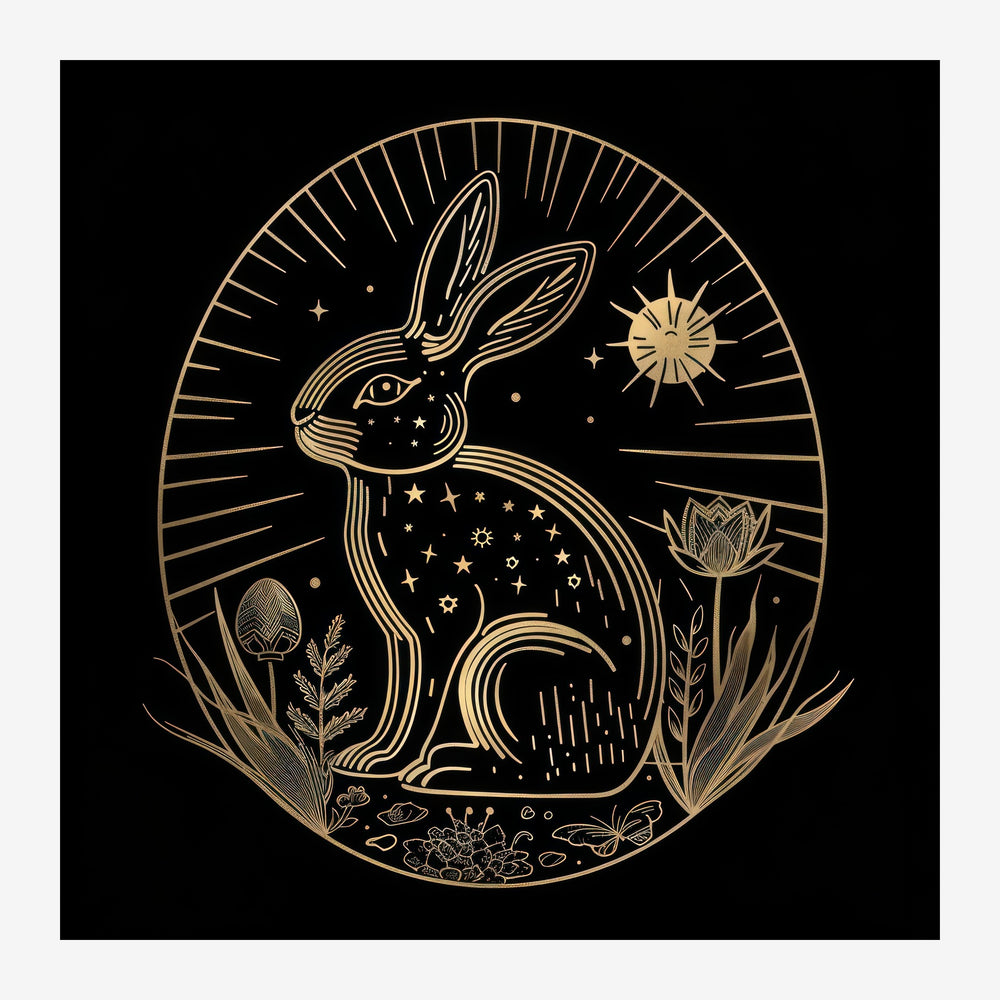 Affiche carrée représentant un lapin stylisé en traits dorés sur fond noir, entouré de symboles cosmiques et de plantes.