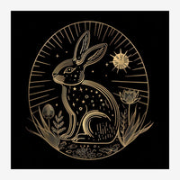 Affiche carrée représentant un lapin stylisé en traits dorés sur fond noir, entouré de symboles cosmiques et de plantes.