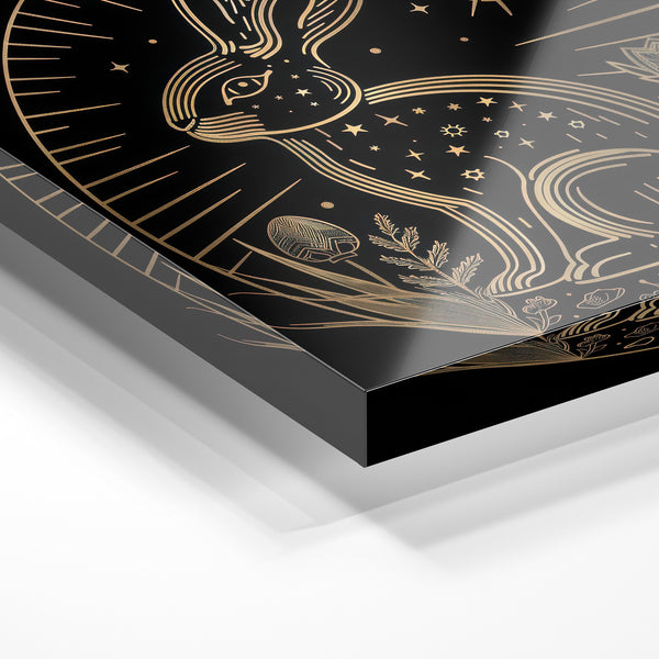 Lapin cosmic noir et or, affiche line art — Verre acrylique