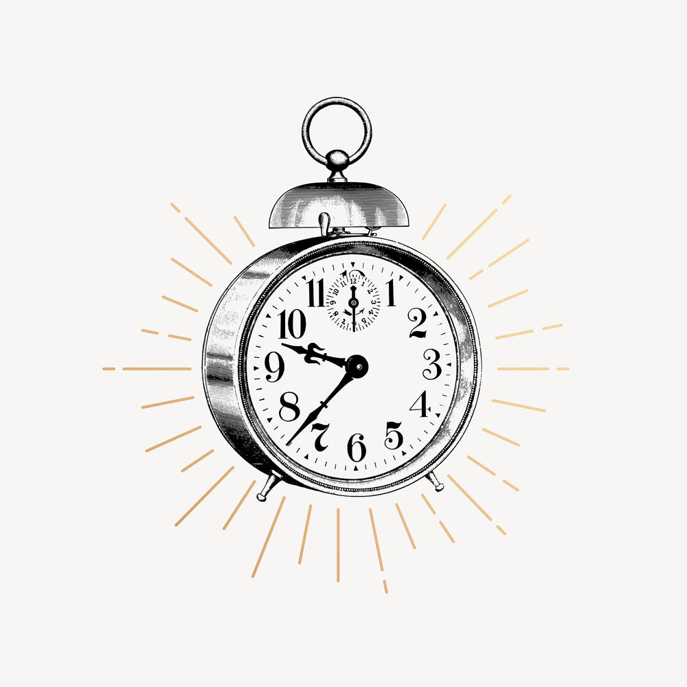 Dessin d'un réveil matin noir et blanc avec cadran blanc, entouré de rayons dorés en étoile.