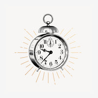 Dessin d'un réveil matin noir et blanc avec cadran blanc, entouré de rayons dorés en étoile.
