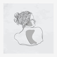 Buste de femme en profil dessiné au trait noir sur fond gris clair, avec cheveux ondulés et zones ombragées en gris.