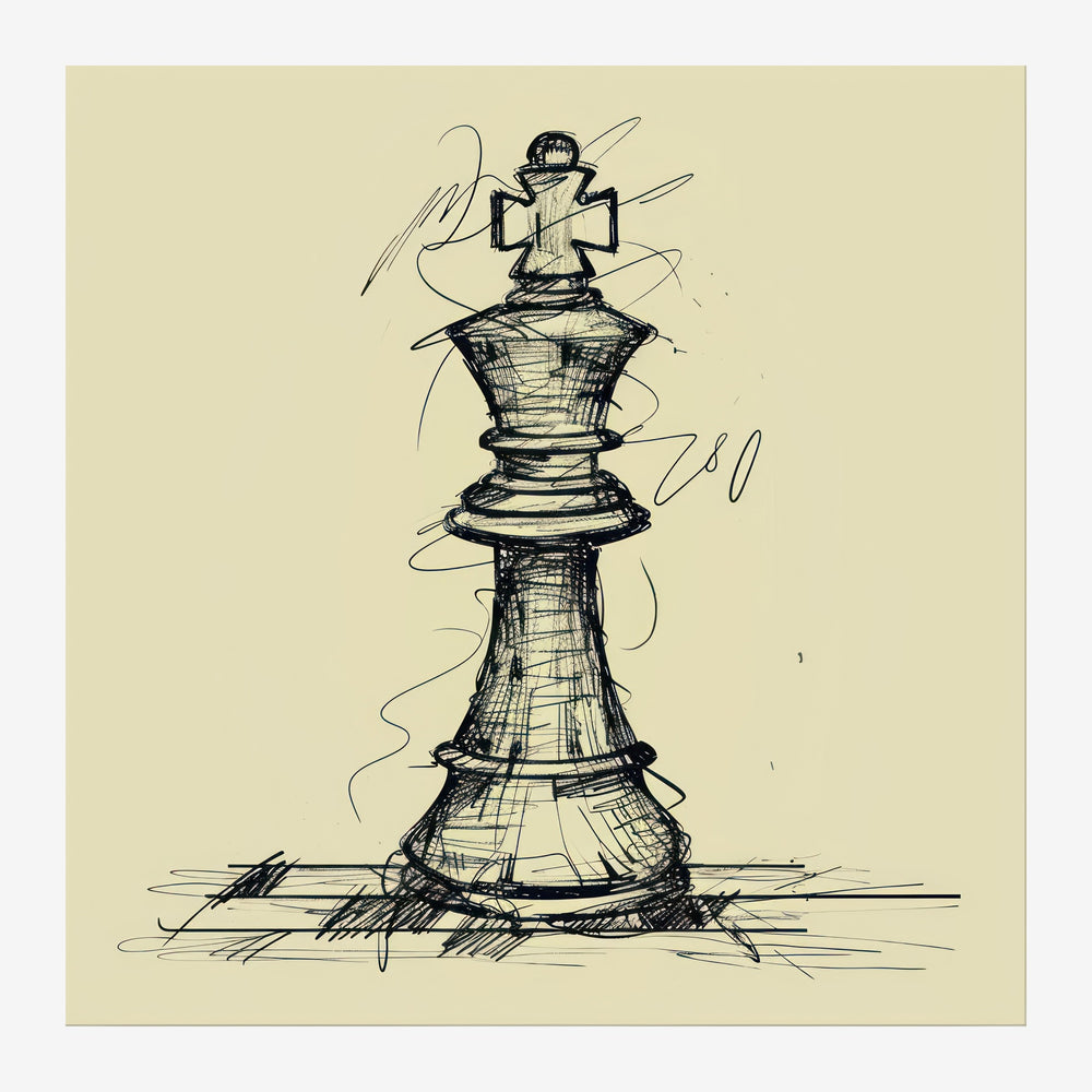 Dessin au trait d'une reine d'échecs aux contours noirs sur fond moutarde, exécuté en croquis avec hachures.