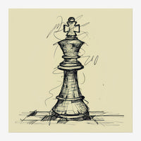 Dessin au trait d'une reine d'échecs aux contours noirs sur fond moutarde, exécuté en croquis avec hachures.