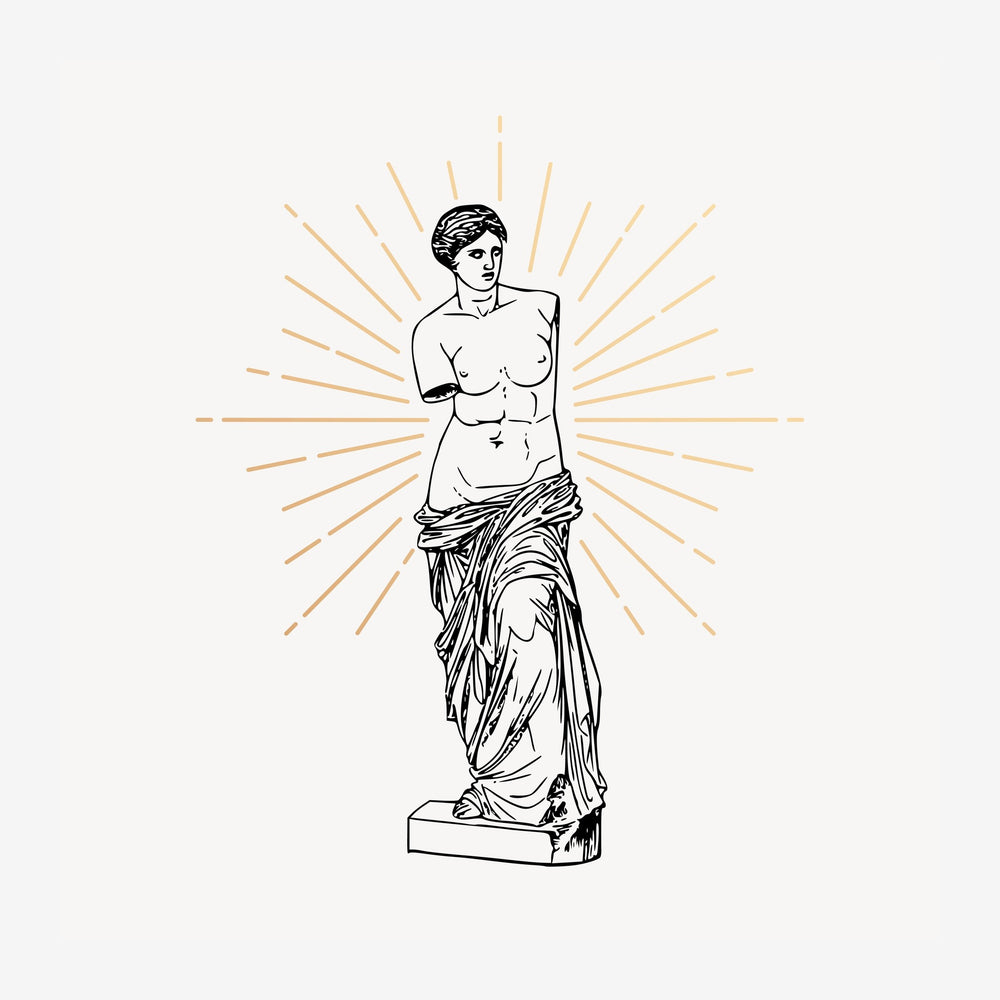 Dessin au trait noir représentant une statue antique de Vénus sans bras, drapée partiellement, sur un socle, entourée de.