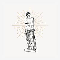 Dessin au trait noir représentant une statue antique de Vénus sans bras, drapée partiellement, sur un socle, entourée de.