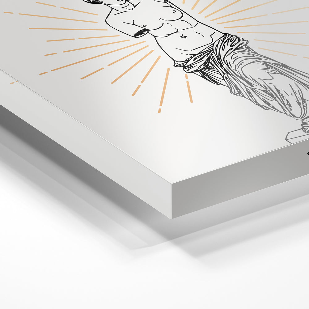 Gros plan de la matière : le tirage sous verre acrylique, tranche transparente visible.