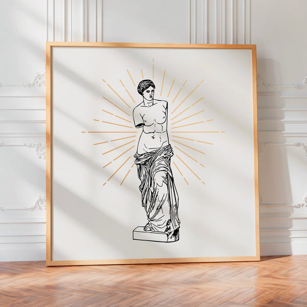 Vénus antique, dessin au trait et rayons dorés — Poster HP mat
