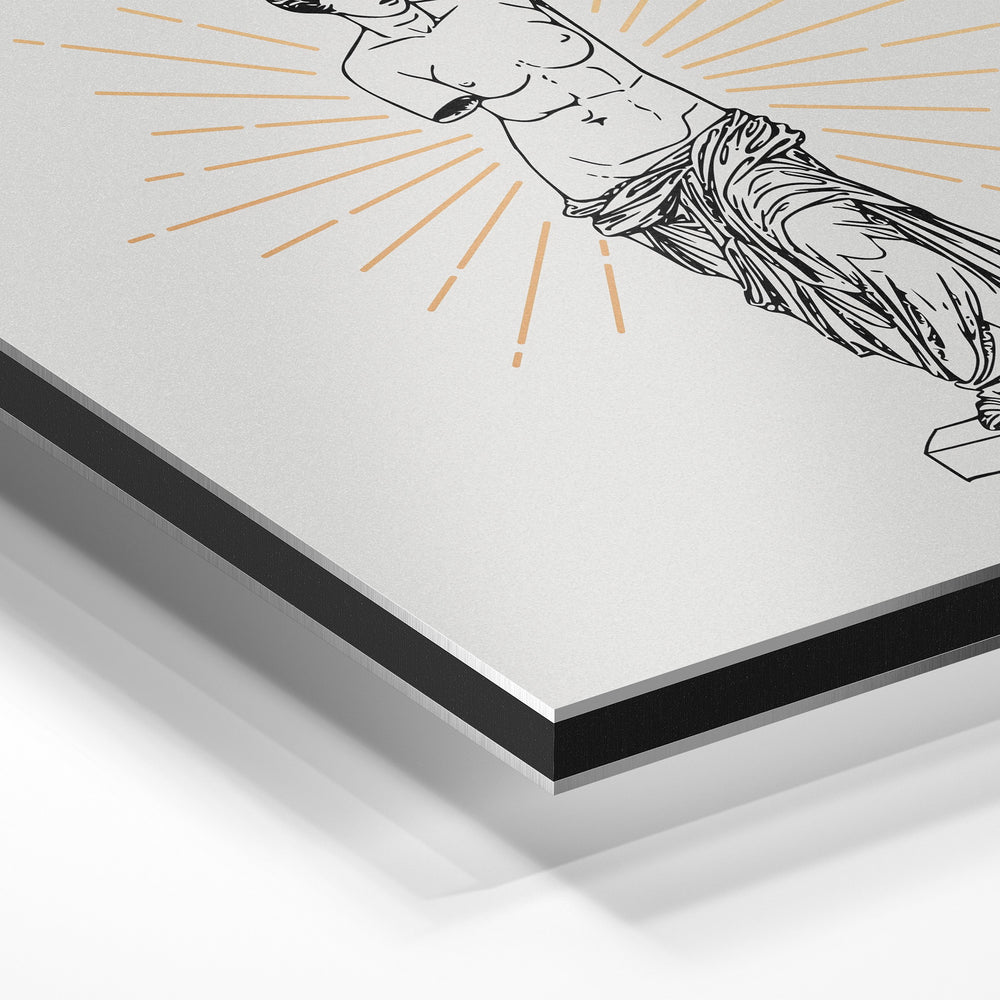 Gros plan de la matière : le tirage contrecollé sur aluminium Dibond mat, tranche visible.