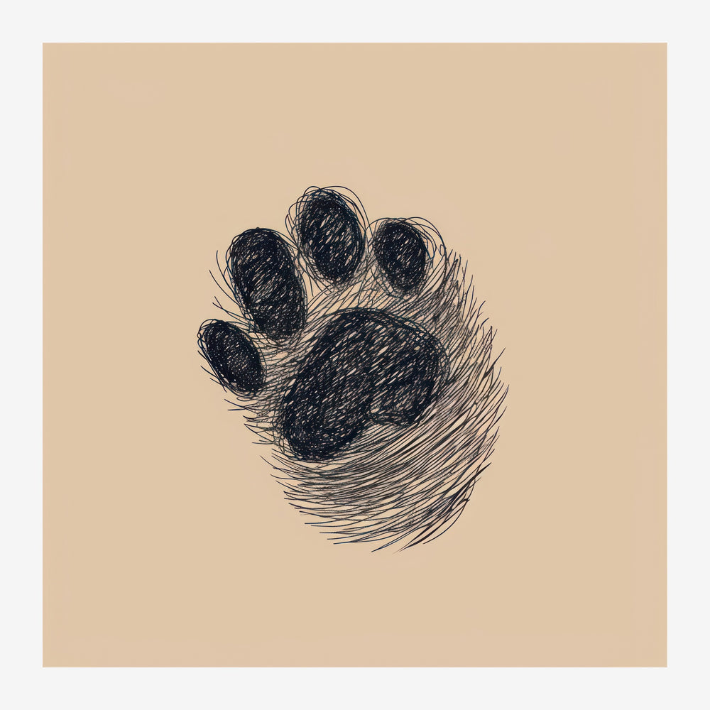Dessin au trait noir d'une empreinte de patte sur fond beige clair, style minimaliste.