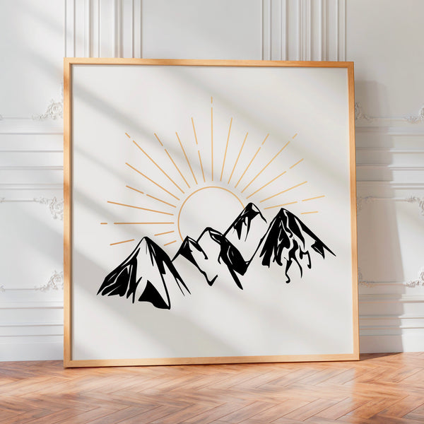 Chaîne de montagnes et soleil levant, line art — Poster HP mat