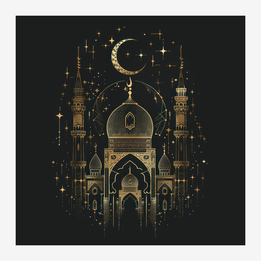 Illustration d'un palais islamique aux dômes et minarets dorés sur fond noir, surmonté d'un croissant de lune étoilé.