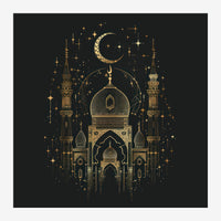 Illustration d'un palais islamique aux dômes et minarets dorés sur fond noir, surmonté d'un croissant de lune étoilé.