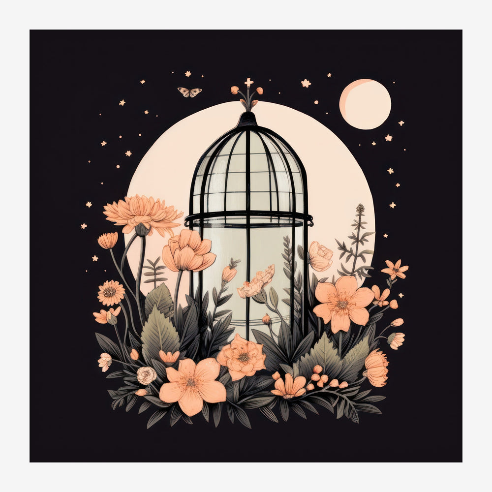 Une cage d'oiseaux ornementale noire entourée de fleurs pêche et de feuillages gris-noir, sous une lune ronde pêche clair.