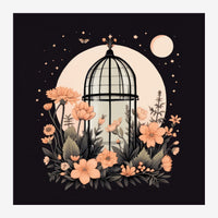 Une cage d'oiseaux ornementale noire entourée de fleurs pêche et de feuillages gris-noir, sous une lune ronde pêche clair.