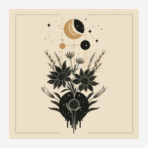 Fleurs et lune line art minimaliste beige — Toile sur châssis
