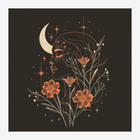 Illustration line art en noir et cuivre : le profil d'une femme avec les yeux fermés et la lune croissante dans les cheveux.