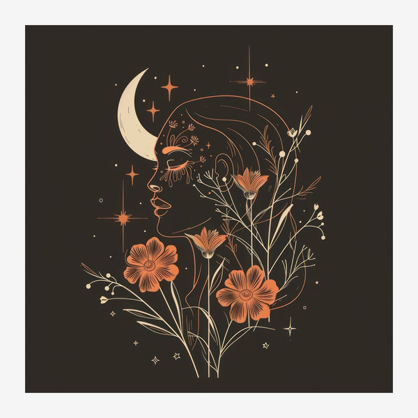 Profil de lune et fleurs, line art noir et cuivre — Toile sur châssis