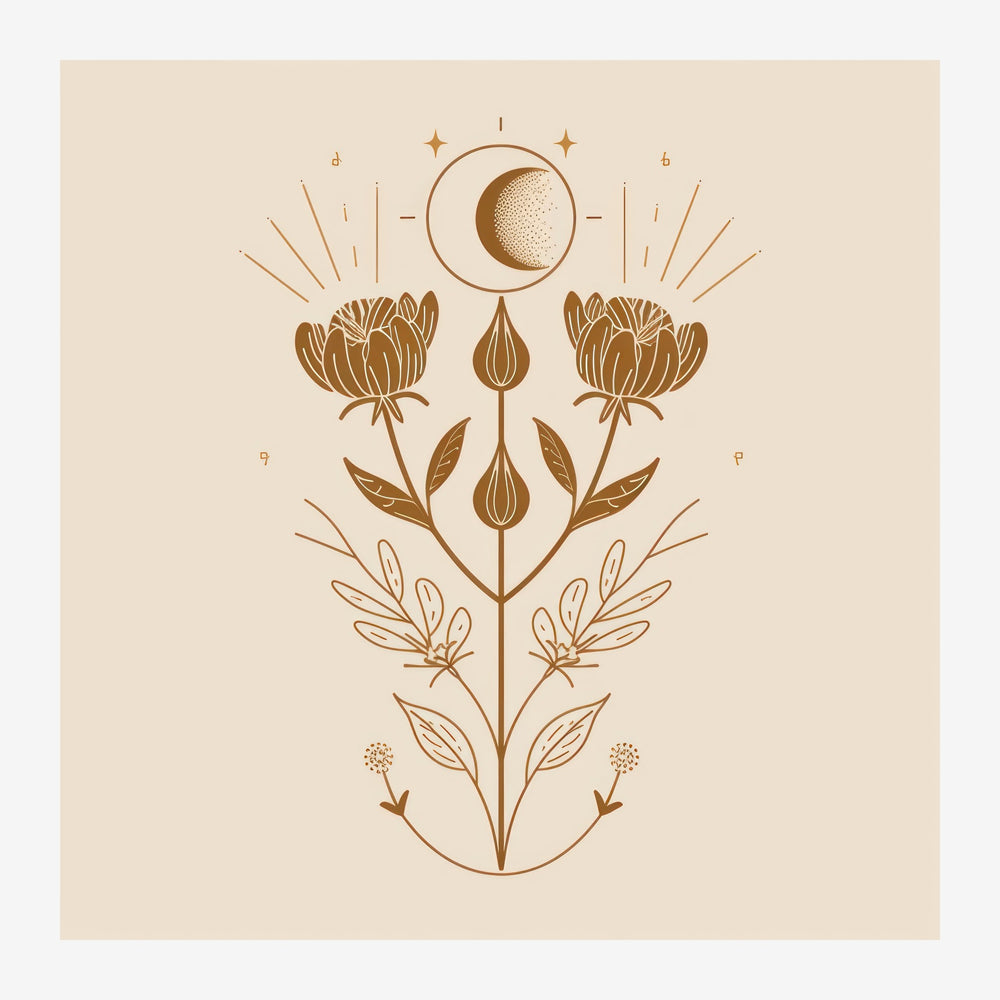 Illustration en line art d'une plante symétrique avec deux fleurs, feuillages et lune, en marron clair sur fond beige clair.