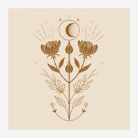 Illustration en line art d'une plante symétrique avec deux fleurs, feuillages et lune, en marron clair sur fond beige clair.