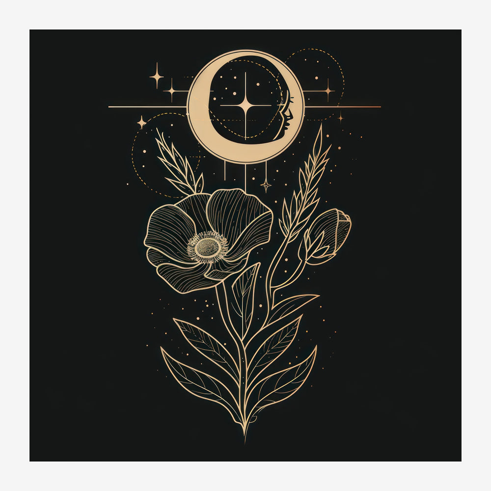 Illustration au trait doré sur fond noir : une fleur avec pétales et feuilles, surmontée d'une lune croissant traversée par.