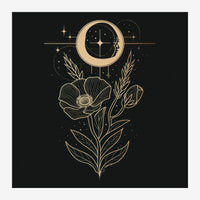 Illustration au trait doré sur fond noir : une fleur avec pétales et feuilles, surmontée d'une lune croissant traversée par.
