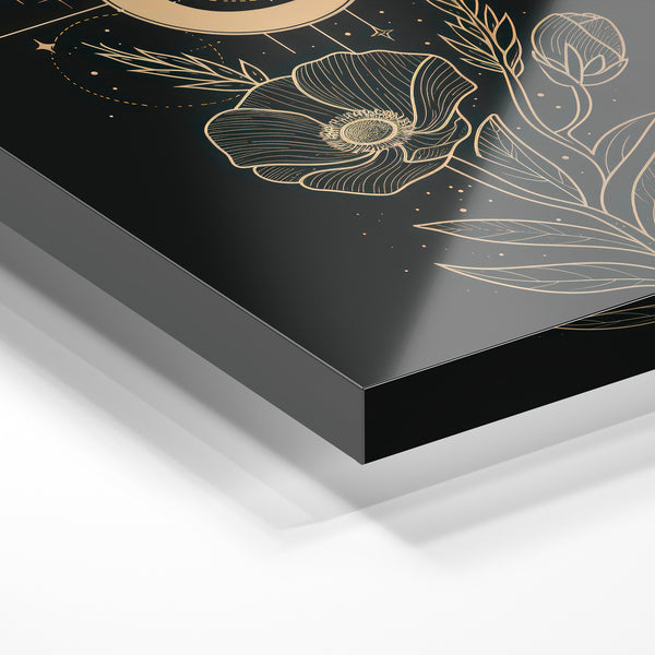 Fleur et lune nocturne, line art noir et doré — Verre acrylique