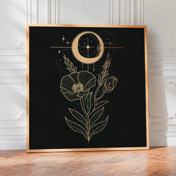 Fleur et lune nocturne, line art noir et doré — Poster HP mat