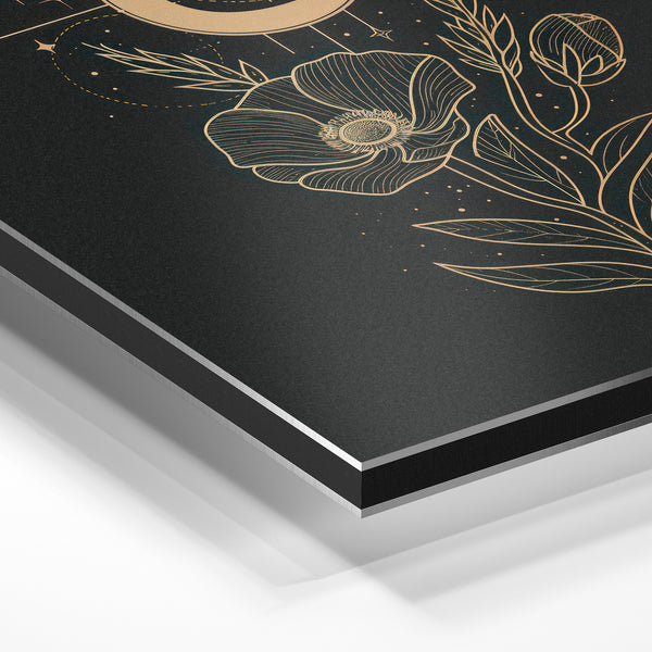 Fleur et lune nocturne, line art noir et doré — Aluminium Dibond