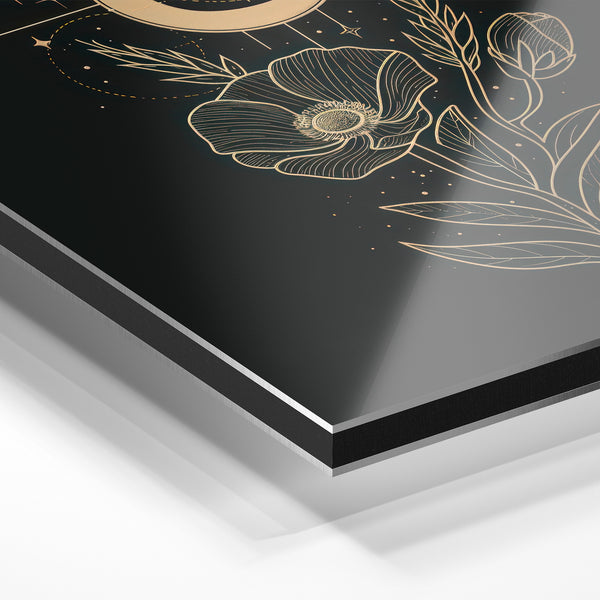 Fleur et lune nocturne, line art noir et doré — Aluminium Dibond relief 3D