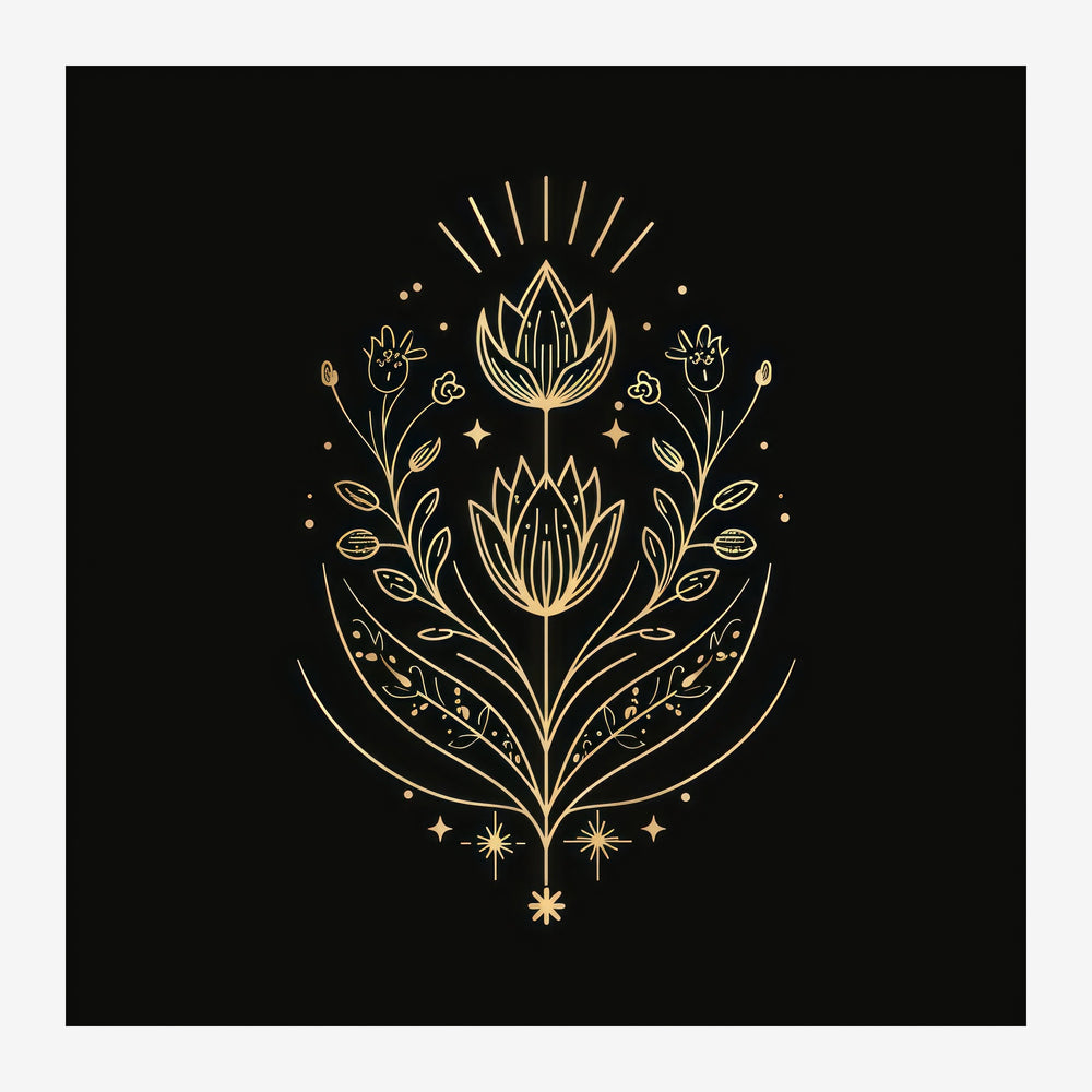Composition symétrique de lotus dorés stylisés avec feuillages et motifs d'étoiles sur fond noir.
