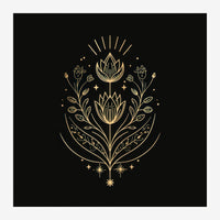 Composition symétrique de lotus dorés stylisés avec feuillages et motifs d'étoiles sur fond noir.