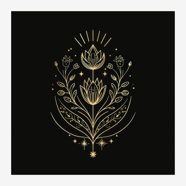 Lotus et feuillages dorés en ligne art noir — Toile sur châssis