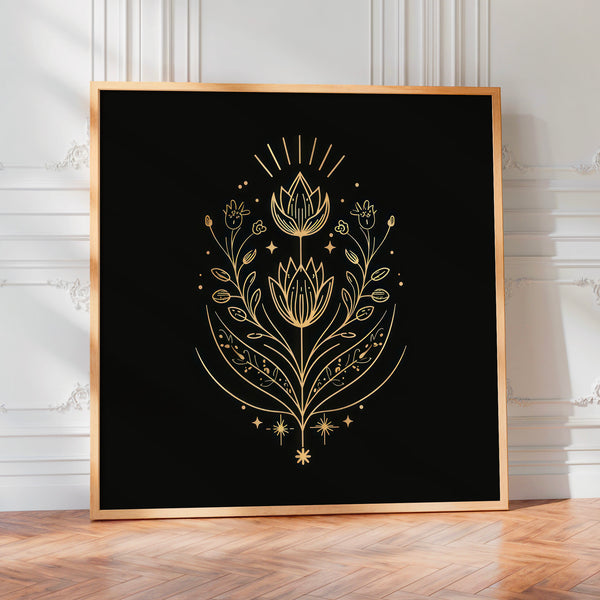 Lotus et feuillages dorés en ligne art noir — Poster HP mat