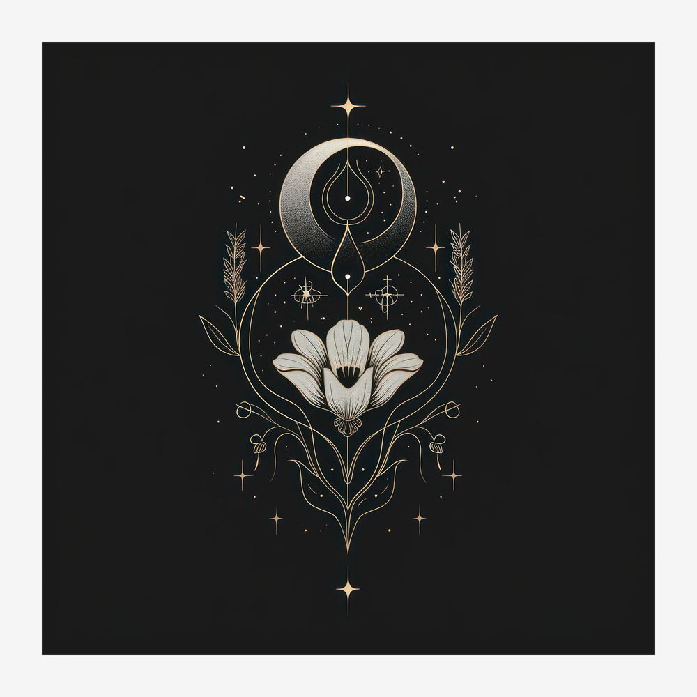 Composition symétrique en line art représentant une fleur blanche au centre, surplombée d'une double lune ornementale dorée.