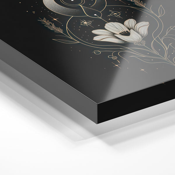 Fleur cosmique et lune, line art noir et or — Verre acrylique