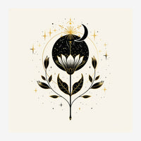 Illustration stylisée d'un lotus aux pétales blancs renversés, révélant un ciel étoilé noir avec une lune, entouré de.