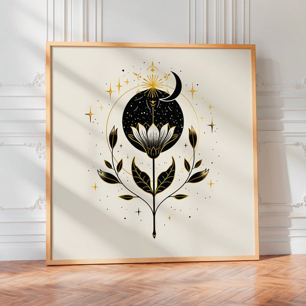 Lotus mystique or et noir, line art botanique — Poster HP mat