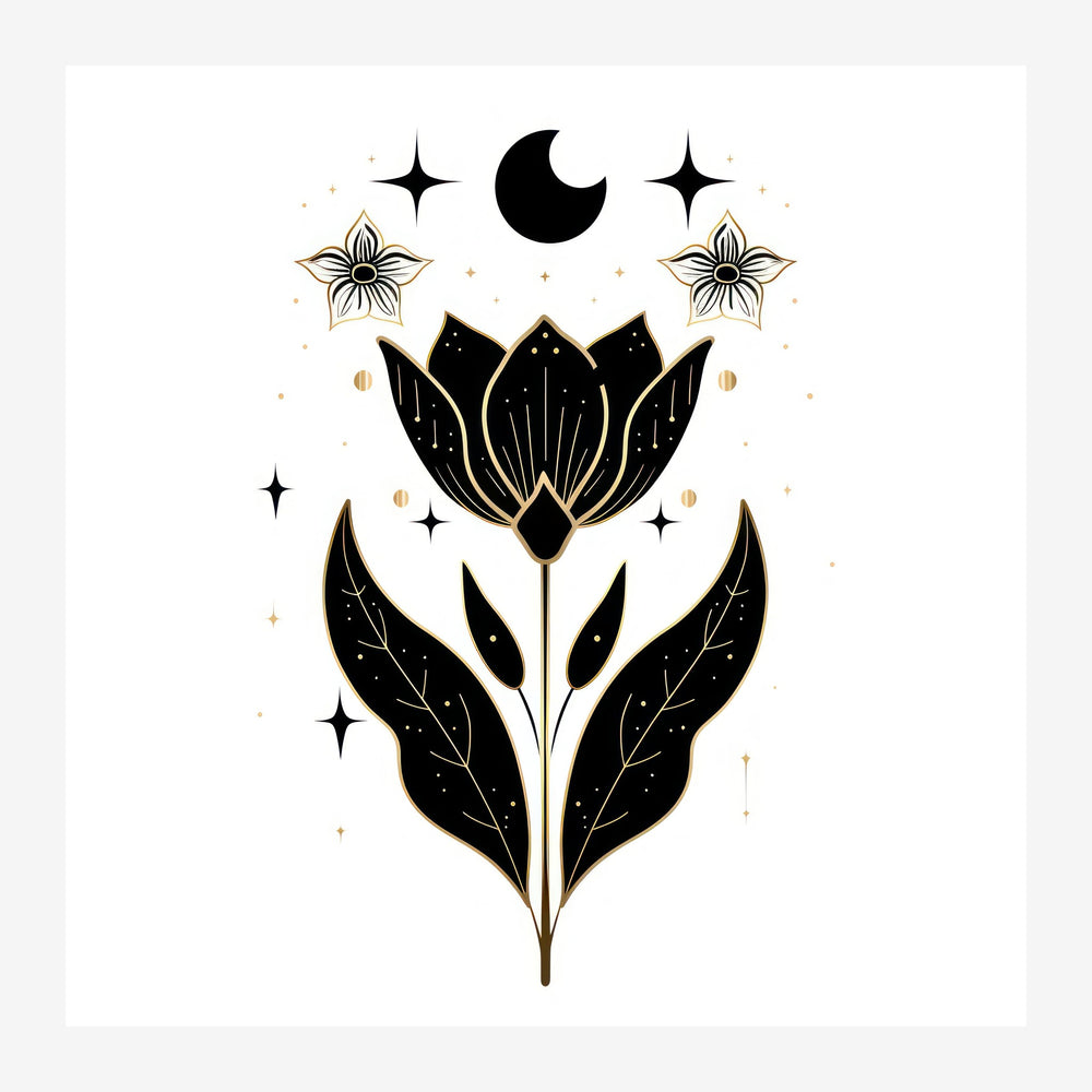 Illustration minimaliste d'une fleur avec feuilles, entourée d'une lune, d'étoiles et de motifs célestes en noir et or sur.