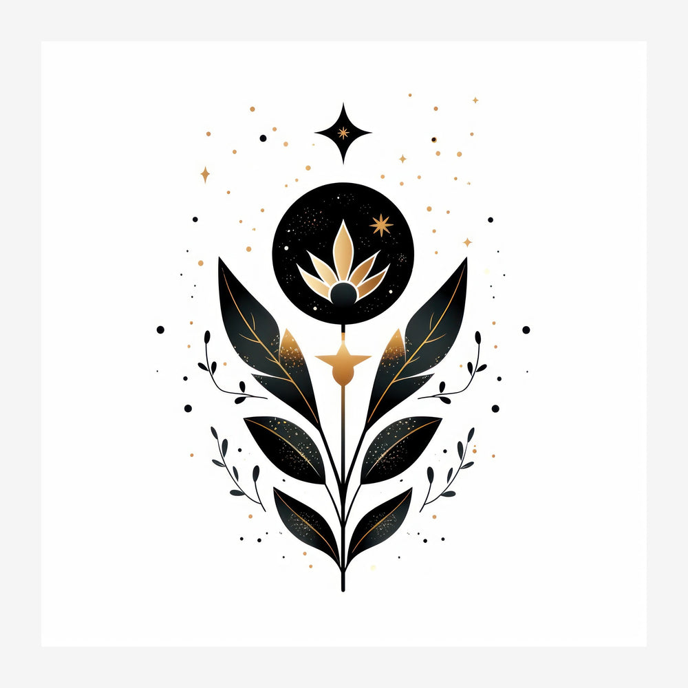 Illustration minimaliste d'une fleur stylisée aux pétales blancs et feuilles noires, ornée d'éléments dorés et de motifs.