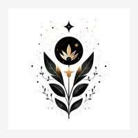 Illustration minimaliste d'une fleur stylisée aux pétales blancs et feuilles noires, ornée d'éléments dorés et de motifs.